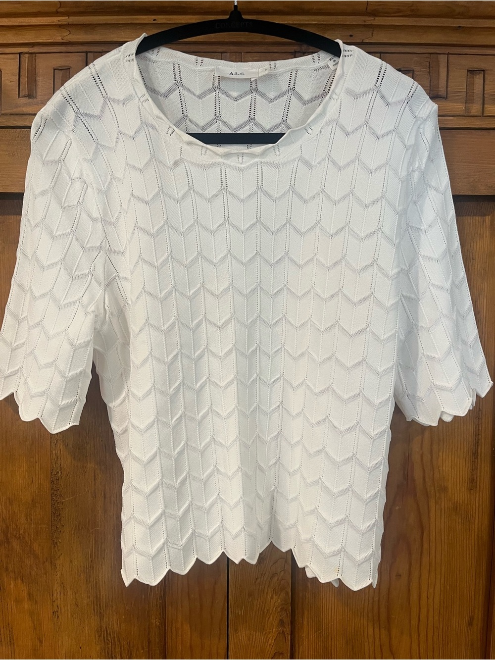A.L.C. White Short-Sleeve Textured Knit Top with Scalloped Edges
